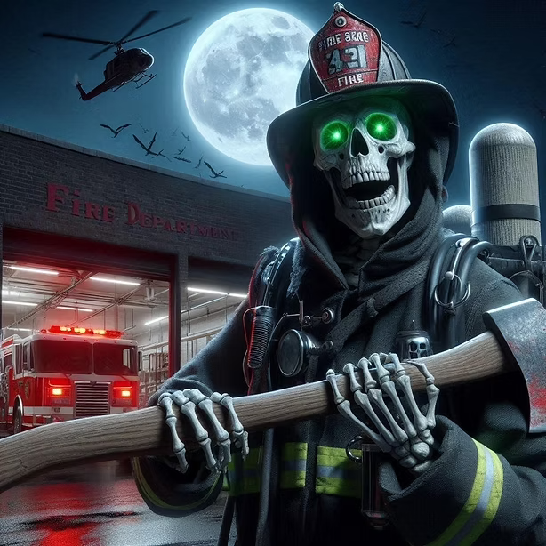 Skeletal firefighter with axe in front of a haunted firehouse