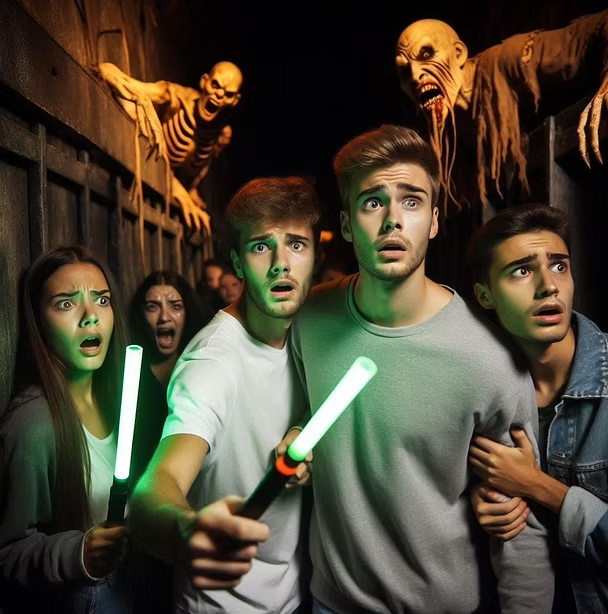 Terrified visitors with glowsticks in a dark maze